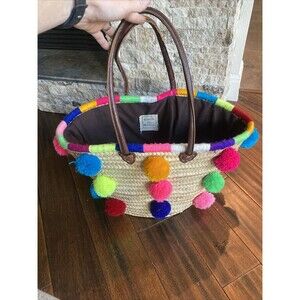 Soeur Du Maroc Pom Pom Large Straw Summer Tote Bag